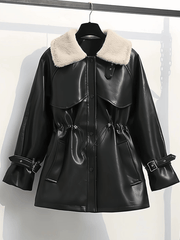 Inrosy mi-longue parka en simili cuir molleton boutons poches ceinture col revers manches longues femme mode décontracté veste d'hiver