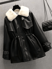 Inrosy mi-longue parka en simili cuir molleton boutons poches ceinture col revers manches longues femme mode décontracté veste d'hiver