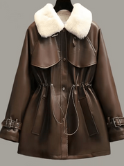 Inrosy mi-longue parka en simili cuir molleton boutons poches ceinture col revers manches longues femme mode décontracté veste d'hiver