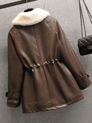 Inrosy mi-longue parka en simili cuir molleton boutons poches ceinture col revers manches longues femme mode décontracté veste d'hiver