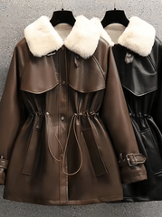 Inrosy mi-longue parka en simili cuir molleton boutons poches ceinture col revers manches longues femme mode décontracté veste d'hiver