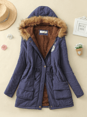 Inrosy mi-longue parka intérieur fourrure à capuche boutons poches fermeture éclair manches longues femme mode décontracté