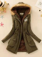 Inrosy mi-longue parka intérieur fourrure à capuche boutons poches fermeture éclair manches longues femme mode décontracté
