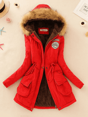 Inrosy mi-longue parka intérieur fourrure à capuche boutons poches fermeture éclair manches longues femme mode décontracté