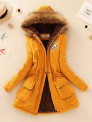 Inrosy mi-longue parka intérieur fourrure à capuche boutons poches fermeture éclair manches longues femme mode décontracté