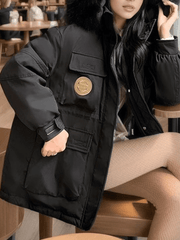 Inrosy parka hiver manteau à capuche boutons poches fermeture éclair manches longues femme style boyfriend mode décontracté veste
