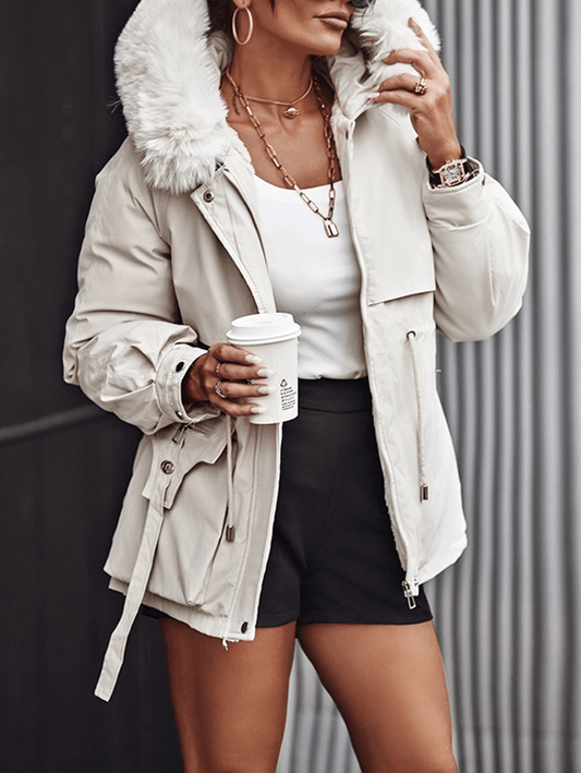 Inrosy parka cargo à capuche en fausse fourrure molleton boutons poches manches longues femme mode décontracté manteau