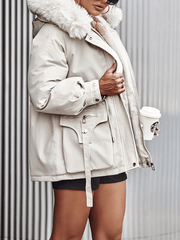 Inrosy parka cargo à capuche en fausse fourrure molleton boutons poches manches longues femme mode décontracté manteau