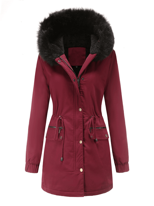 Inrosy longue parka à capuche intérieur fourrure boutons fermeture éclair manches longues femme mode décontracté hiver manteau
