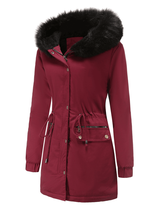 Inrosy longue parka à capuche intérieur fourrure boutons fermeture éclair manches longues femme mode décontracté hiver manteau