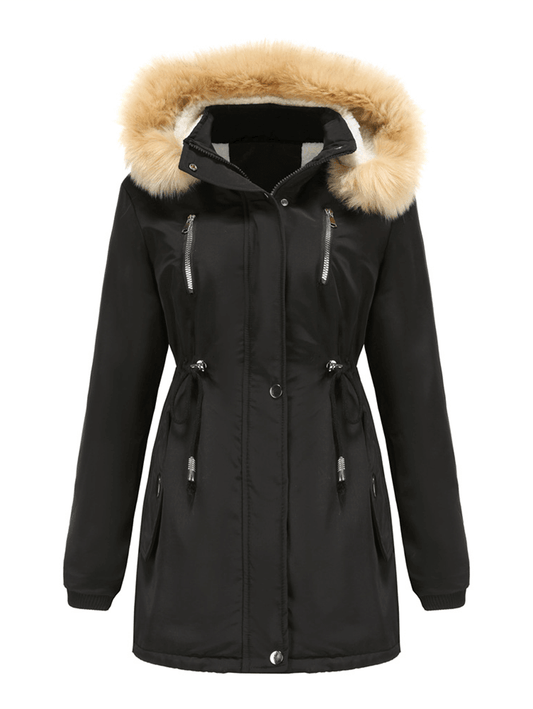 Inrosy mi-longue parka à capuche polaire unicolore fermeture éclair manches longues femme mode décontracté hiver manteau