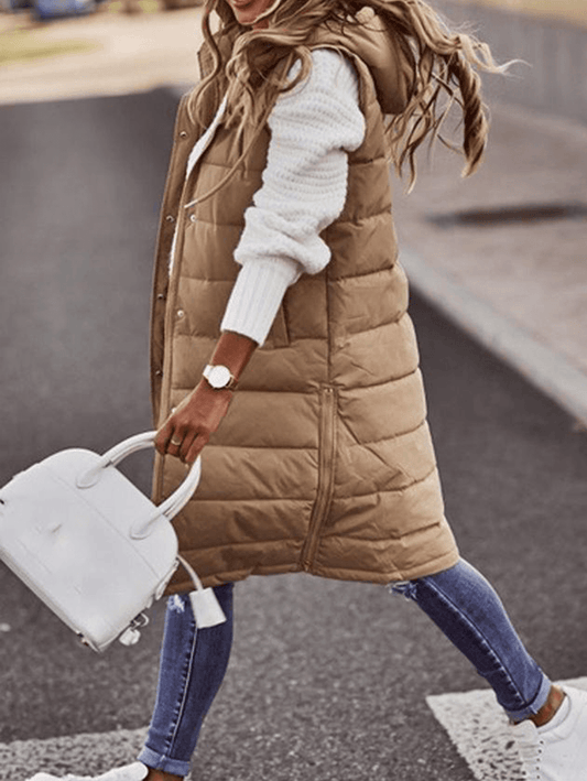 Inrosy mi-longue manteau à capuche unicolore boutons poches fermeture éclair sans manches femme élégant mode hiver gilet