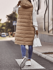 Inrosy mi-longue manteau à capuche unicolore boutons poches fermeture éclair sans manches femme élégant mode hiver gilet