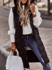 Inrosy mi-longue manteau à capuche unicolore boutons poches fermeture éclair sans manches femme élégant mode hiver gilet