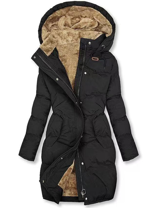 Inrosy mi-longue manteau doudoune à capuche intérieur fourrure poches manches longues femme casual mode décontracté hiver parka