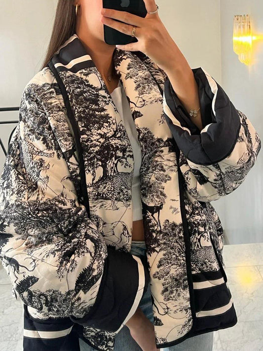 Inrosy court hiver veste imprimé à fleurie poches manches longues femme oversized décontracté manteau