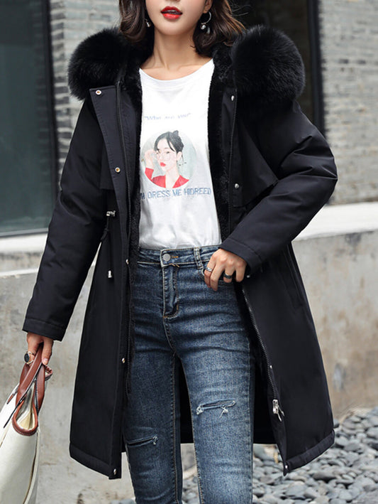 Inrosy longue parka à capuche intérieur fourrure poches fermeture éclair manches longues femme mode oversized décontracté hiver manteau