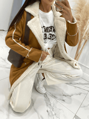 Inrosy mi-longue manteau aviateur en suedine intérieur polaire double boutonnage col revers femme mode oversized hiver veste