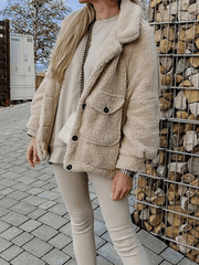 Inrosy manteau en mouton teddy boutonnage poches col revers manches longues femme casual mode décontracté veste