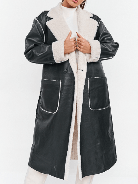 Inrosy mi-longue manteau aviateur simili cuir polaire ceinture poches col revers femme style boyfriend oversized hiver veste