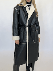 Inrosy mi-longue manteau aviateur simili cuir polaire ceinture poches col revers femme style boyfriend oversized hiver veste