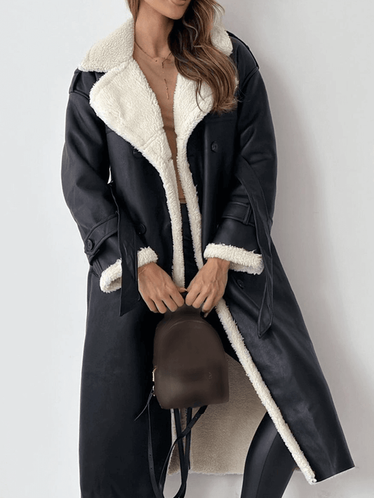 Inrosy longue manteau aviateur simili cuir molleton double boutonnage poches ceintur col revers manches longues femme oversized blousen