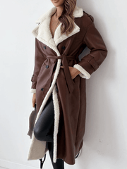Inrosy longue manteau aviateur simili cuir molleton double boutonnage poches ceintur col revers manches longues femme oversized blousen