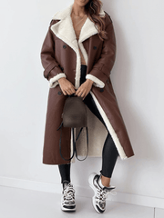 Inrosy longue manteau aviateur simili cuir molleton double boutonnage poches ceintur col revers manches longues femme oversized blousen