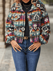 Inrosy court veste tribal imprimé géométrique boutonnage col revers manches longues femme ethnique vintage décontracté