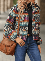 Inrosy court veste tribal imprimé géométrique boutonnage col revers manches longues femme ethnique vintage décontracté