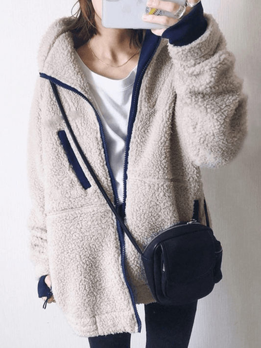 Inrosy manteau polaire poches fermeture éclair à capuche manches longues femme mode décontracté hiver veste