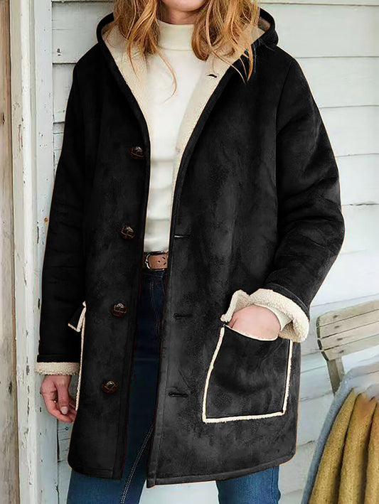 Inrosy mi-longue manteau suedine à capuche avec polaire boutonnage poches manches longues femme mode ample décontracté vintage veste