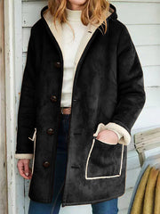 Inrosy mi-longue manteau suedine à capuche avec polaire boutonnage poches manches longues femme mode ample décontracté vintage veste