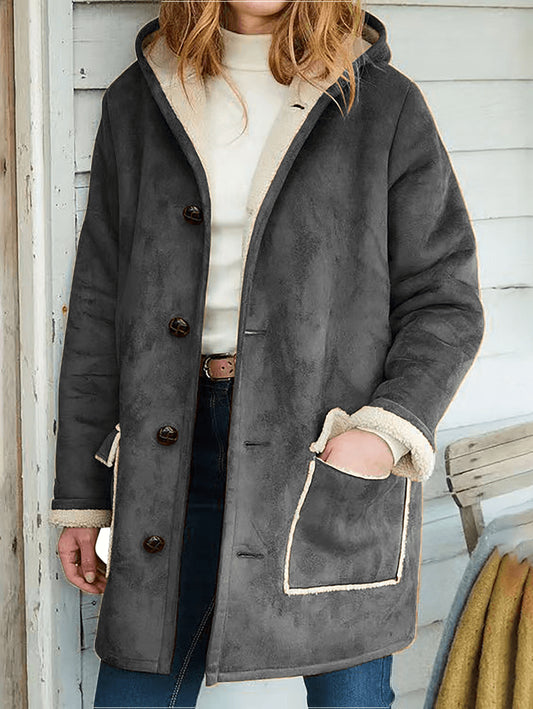 Inrosy mi-longue manteau suedine à capuche avec polaire boutonnage poches manches longues femme mode ample décontracté vintage veste