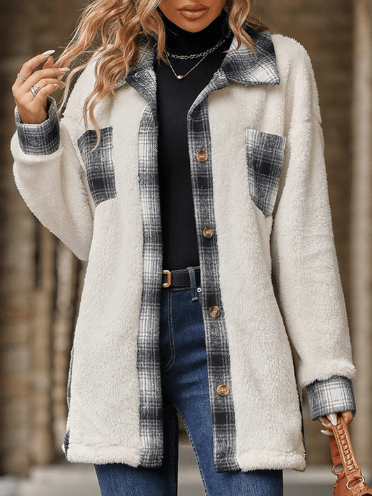 Inrosy mi-longue manteau carreaux boutonnage poches col revers manches longues femme élégant mode décontracté veste