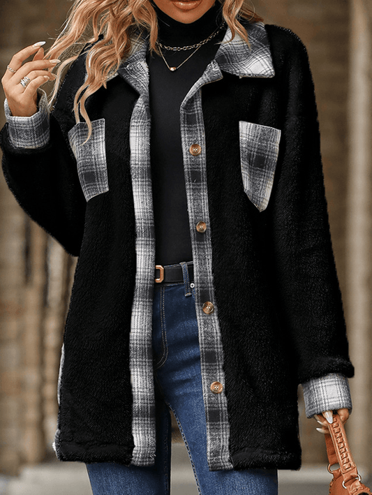 Inrosy mi-longue manteau carreaux boutonnage poches col revers manches longues femme élégant mode décontracté veste