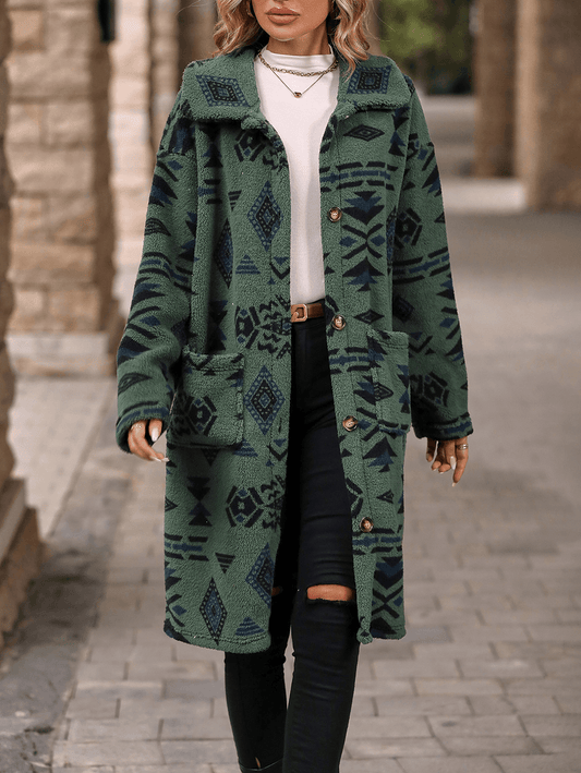 Inrosy mi-longue manteau géométrique boutonnage poches col revers manches longues femme ethnique mode décontracté veste