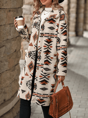 Inrosy mi-longue manteau géométrique boutonnage poches col revers manches longues femme ethnique mode décontracté veste