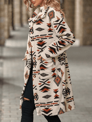 Inrosy mi-longue manteau géométrique boutonnage poches col revers manches longues femme ethnique mode décontracté veste