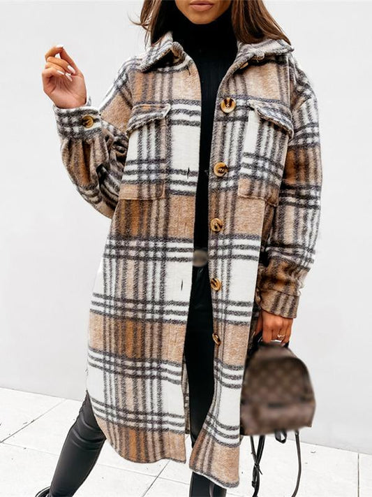 Inrosy mi-longue manteau en laine carreaux boutonnage poches mode femme surchemise