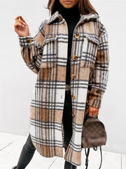 Inrosy mi-longue manteau en laine carreaux boutonnage poches mode femme surchemise