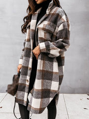 Inrosy mi-longue manteau en laine carreaux boutonnage poches mode femme surchemise