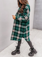 Inrosy mi-longue manteau en laine carreaux boutonnage poches mode femme surchemise