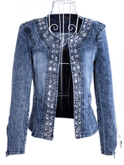Inrosy court veste en jean strass fermeture éclair col rond manches longues femme casual élégant vintage décontracté