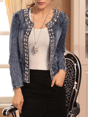 Inrosy court veste en jean strass fermeture éclair col rond manches longues femme casual élégant vintage décontracté