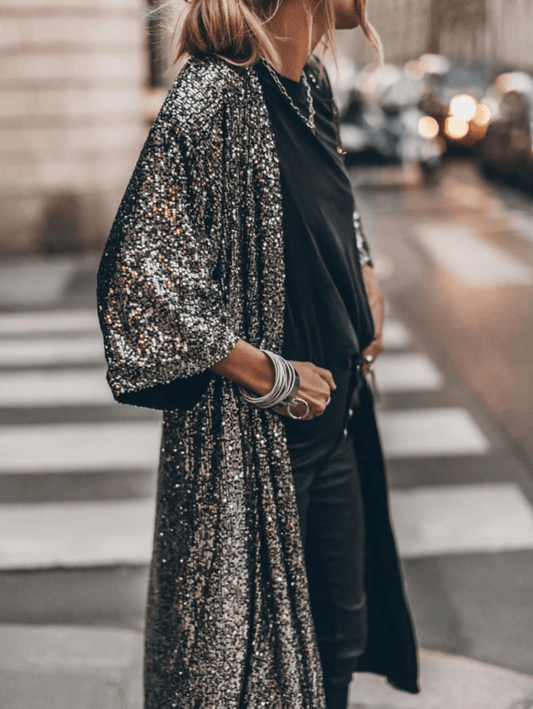 Inrosy longue veste brillante paillette manches 3/4 femme mode ample oversized décontracté manteau noir