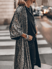 Inrosy longue veste brillante paillette manches 3/4 femme mode ample oversized décontracté manteau noir