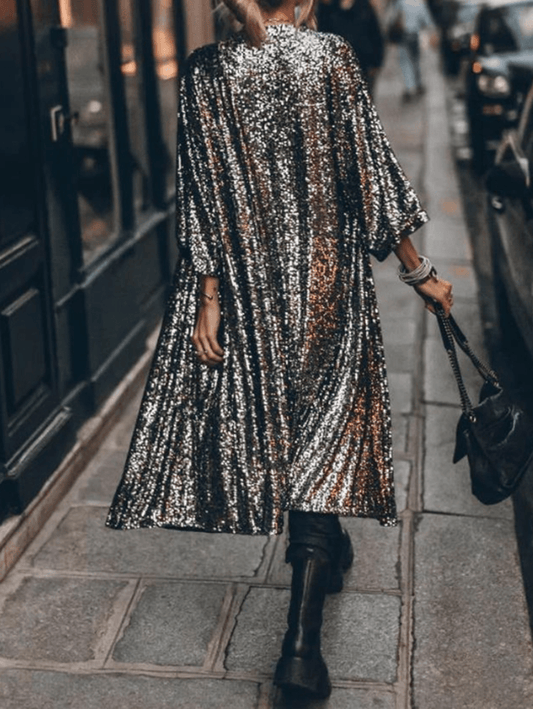 Inrosy longue veste brillante paillette manches 3/4 femme mode ample oversized décontracté manteau noir