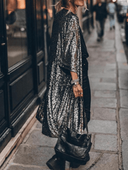 Inrosy longue veste brillante paillette manches 3/4 femme mode ample oversized décontracté manteau noir