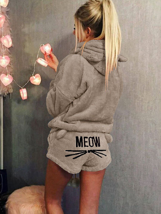 Inrosy combinaison pyjama short pilou pilou polaire meow brodée à capuche mignon femme vetement